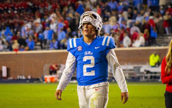 Ole Miss Rebels quarterback Jaxson Dart on the field following the 27-20 home victory over the Arkansas Razorbacks (2023).